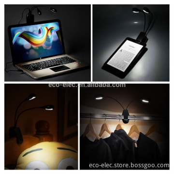 Dual Head Rechargeable 8 LED Book Light, Clip-on Reading Light with 2 flexible arms and Soft Padded Clamp for book, Kindle, Bed
